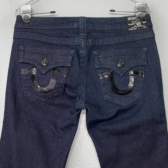 True Religion Size 29 Dark Denim Low Rise Jeans Slim Straight Y2K Sequin Pockets - Picture 1 of 13